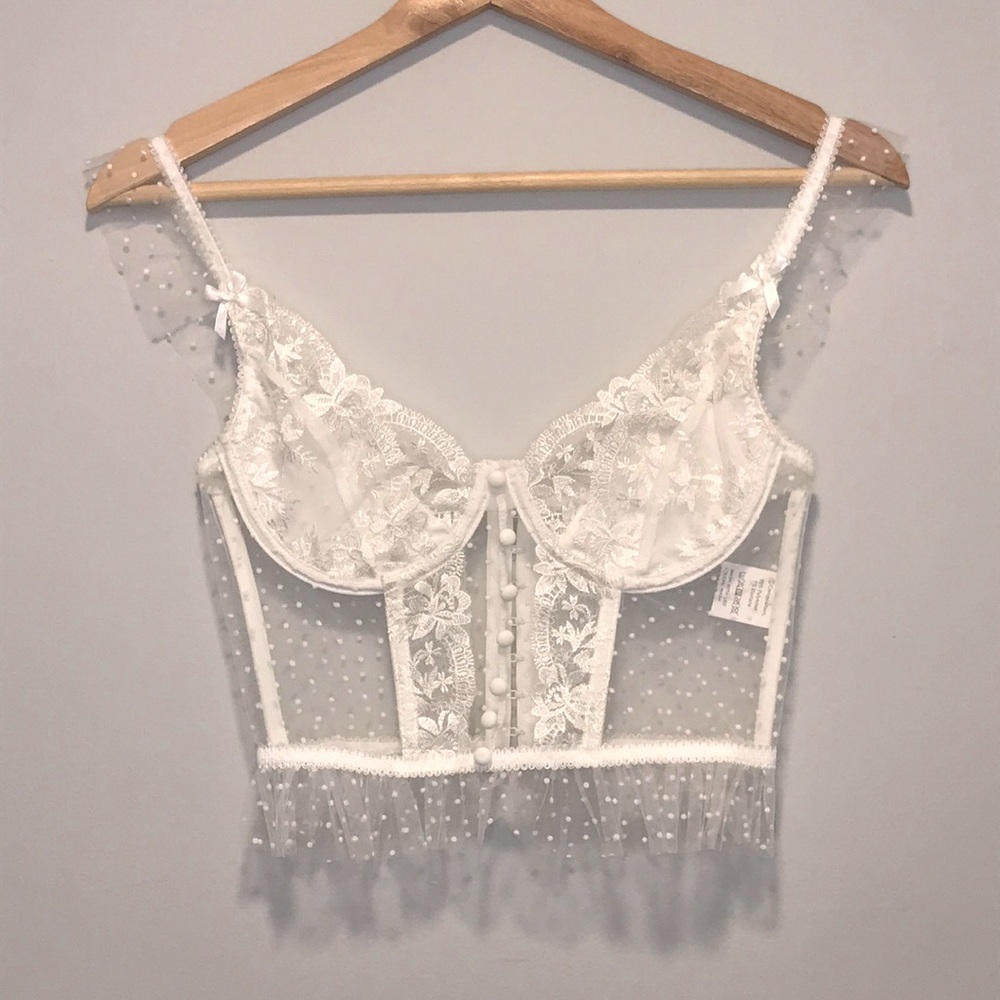 ⭐️ NWOT Polka Dot Mesh Bridal White Tully Corset Bustier Top